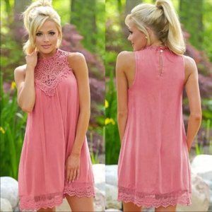 NEW Pink Crochet Lace High Neck Sleeveless Dress